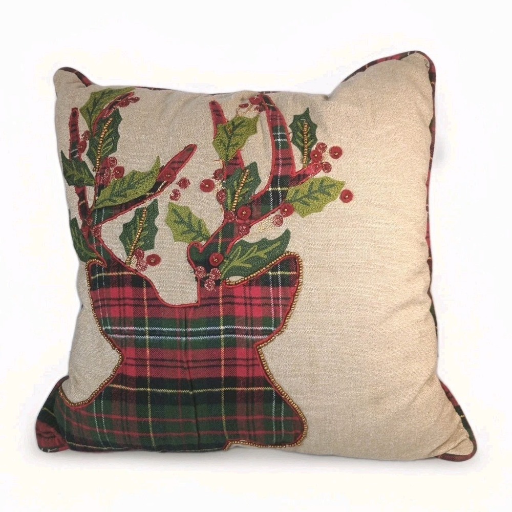 Pier 1 Imports Christmas Holiday Plaid and Beaded Reindeer Pillow 18"